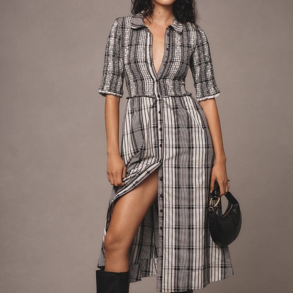 Anthropologie Maeve Short-Sleeve Smocked Midi Shirt Dress SP - Picture 1 of 15